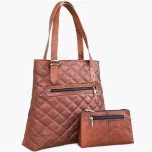 Genuine Leather Hand-Crafted Tote Bag W/Wristlet (Vinatge Brown)